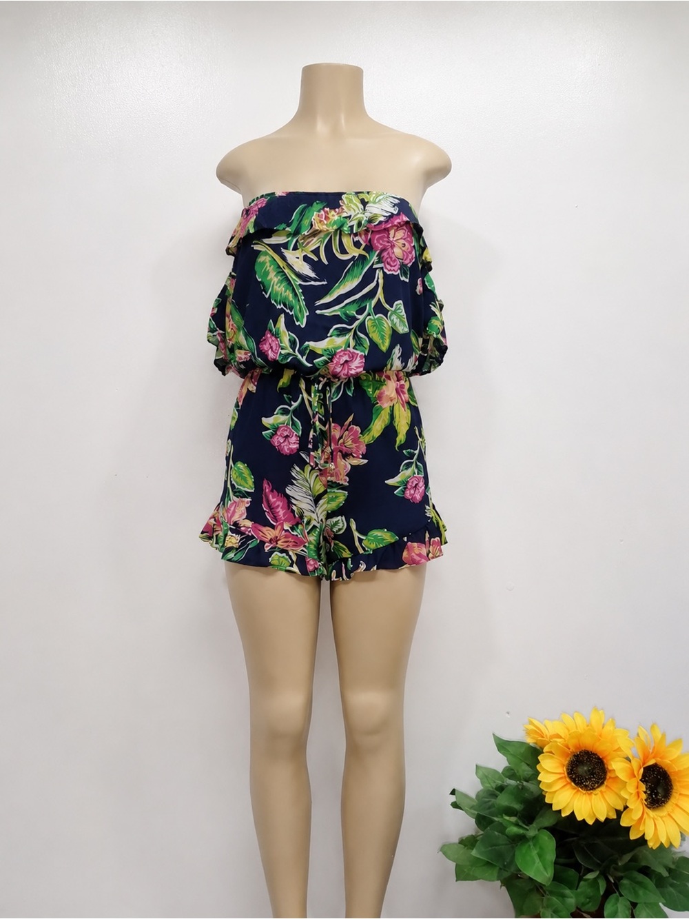 Navy Blue Floral off-the-shoulder Ruffled Romper